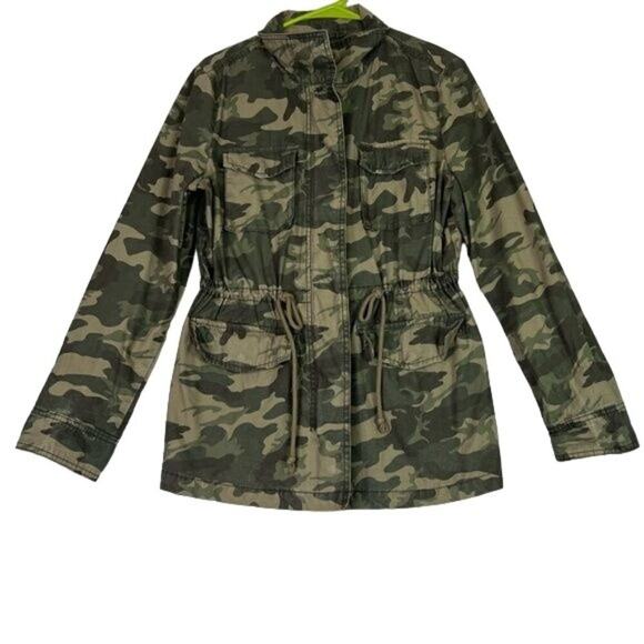 Old Navy Jacket Camo Women Medium Green Military Cargo Utility Drawstring Pocket - Picture 1 of 10